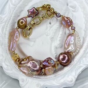 😍😍 Handmade Freshwater Rose Gold Flameball Edison Braided Pearl Bracelet